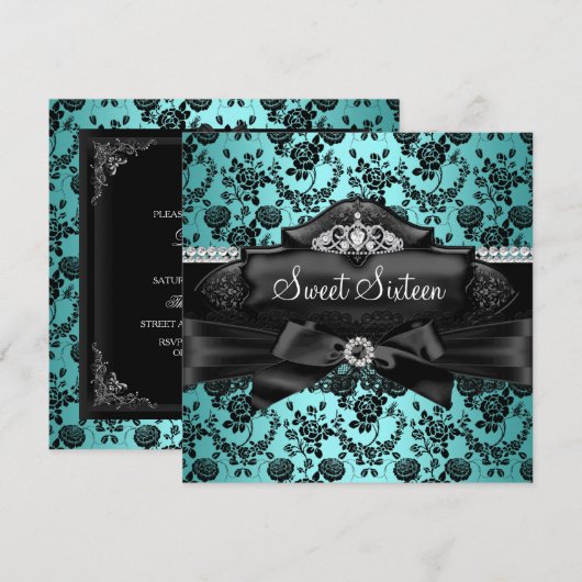 Pretty Tiara & Bow Teal Sweet 16 Uitnodiging (Voorkant / Achterkant)