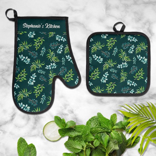 Pretty Watercolor Dark Floral Personalized  Ovenwant & Pannenlap Set