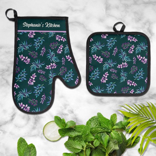 Pretty Watercolor Dark Floral Personalized  Ovenwant & Pannenlap Set