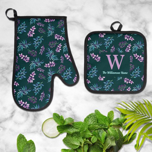 Pretty Watercolor Dark Floral Personalized  Ovenwant & Pannenlap Set