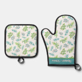 Pretty Watercolor Floral Personalized  Ovenwant & Pannenlap Set (Voorkant)