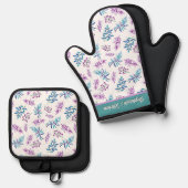 Pretty Watercolor Floral Personalized  Ovenwant & Pannenlap Set (Voorkant / Achterkant)