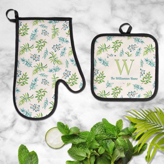 Pretty Watercolor Floral Personalized  Ovenwant & Pannenlap Set