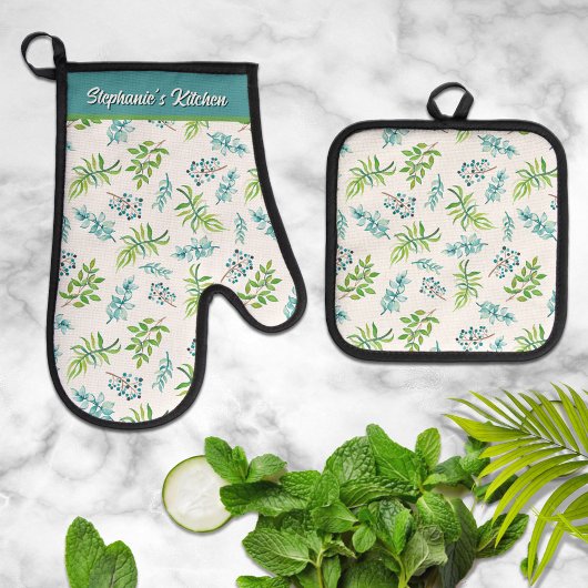 Pretty Watercolor Floral Personalized  Ovenwant & Pannenlap Set