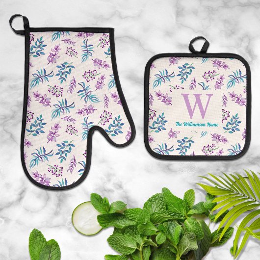 Pretty Watercolor Floral Personalized  Ovenwant & Pannenlap Set