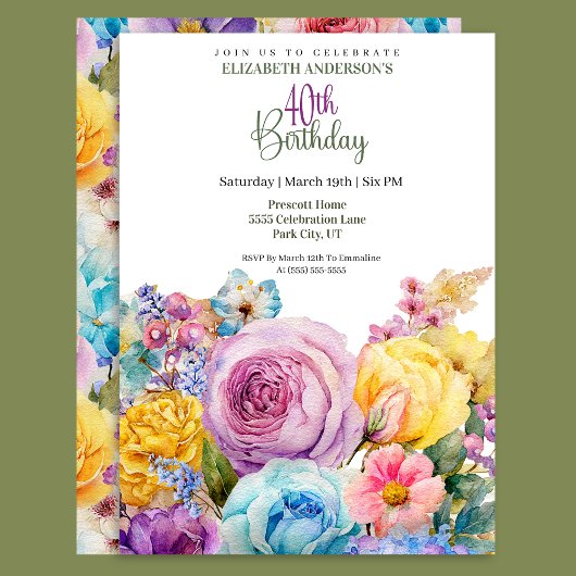 Pretty Watercolor Spring Floral 40th Birthday Kaart