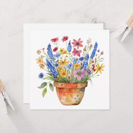 Pretty Whimsical Flowers in Pot Thinking of You  Kaart (Voorkant / Achterkant in situ)