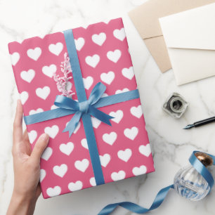 Pretty White Hearts Patroon Hot Pink Cadeaupapier