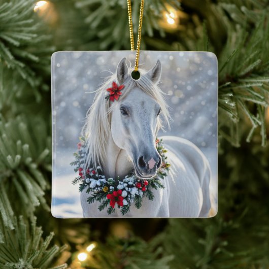 Pretty White Horse with Wreath Christmas Holiday Keramisch Ornament (Boom)