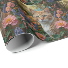 Pretty white orange cat in floral garden cadeaupapier