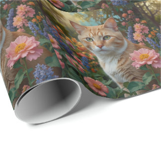 Pretty white orange cat in floral garden cadeaupapier