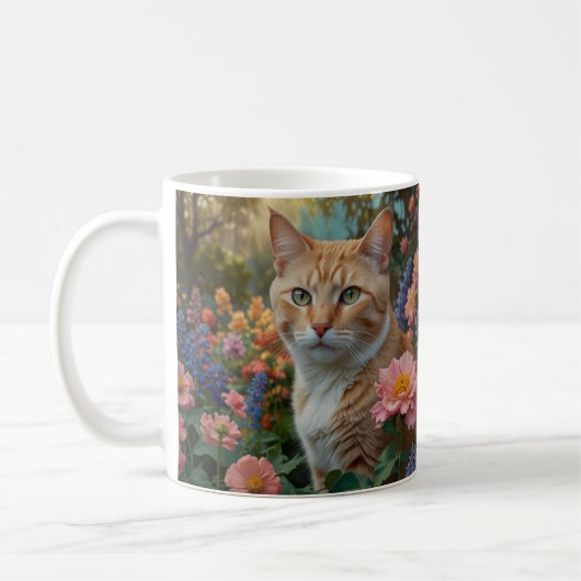Pretty white orange cat in floral garden koffiemok (Links)