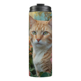 Pretty white orange cat in floral garden thermosbeker