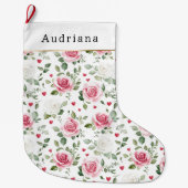 Pretty White Pink Hearts Roses Floral Christmas Grote Kerstsok (Voorkant)