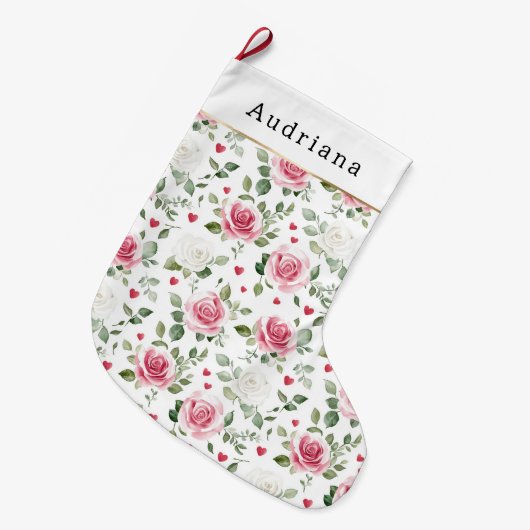 Pretty White Pink Hearts Roses Floral Christmas Grote Kerstsok (Voorkant (Hangend))