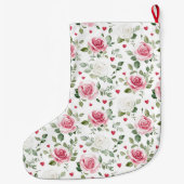 Pretty White Pink Hearts Roses Floral Christmas Grote Kerstsok (Achterkant)