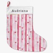 Pretty White Pink Hearts Stripes Christmas Grote Kerstsok (Voorkant)