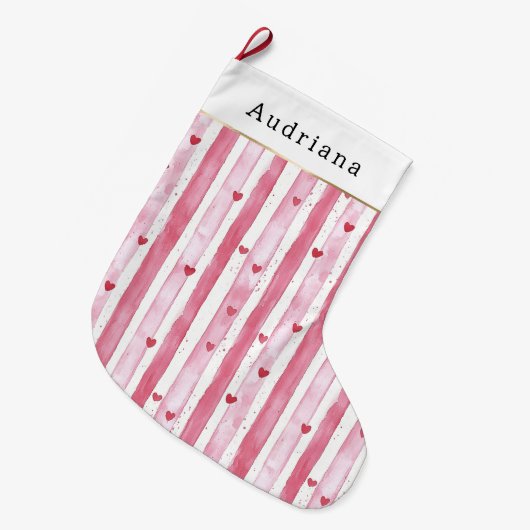 Pretty White Pink Hearts Stripes Christmas Grote Kerstsok (Voorkant (Hangend))