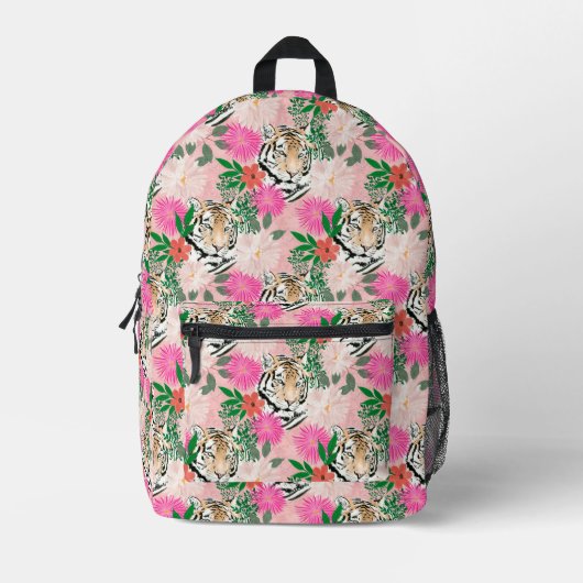 Pretty White Pink Tiger Floral Painting Bedrukte Rugzak (Voorkant)