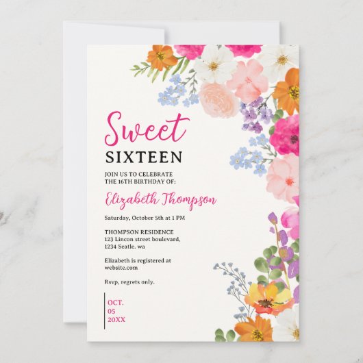 Pretty Wildflowers Sweet Sixteen Kaart (Voorkant)