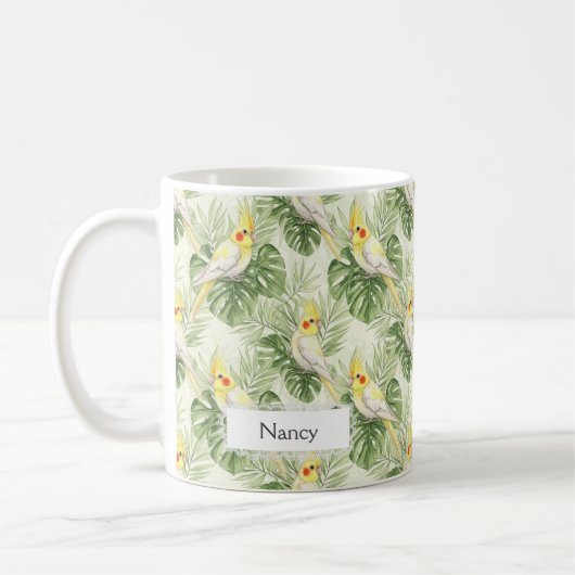 Pretty Yellow and White Cockatiel Pet Bird Custom  Koffiemok (Links)