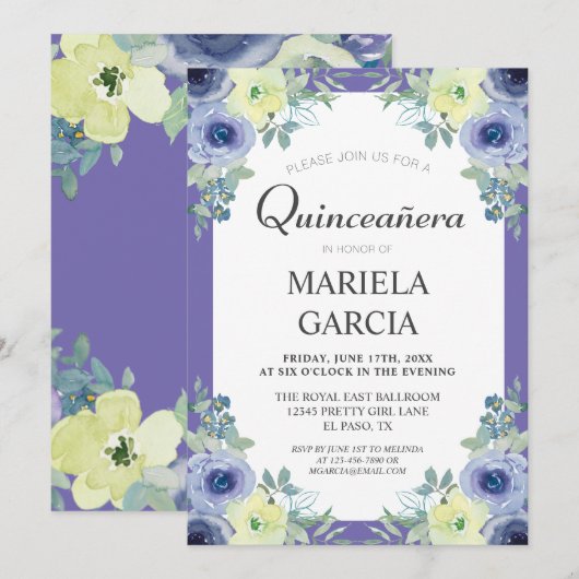 Pretty Yellow Purple Floral Quinceañera Birthday   Kaart (Voorkant / Achterkant)