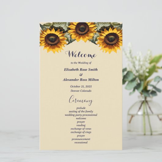 Pretty yellow sunflower elegant wedding program (Staand voorkant)