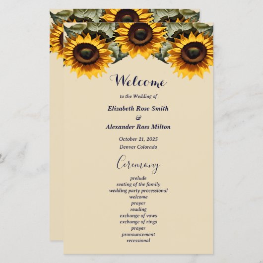 Pretty yellow sunflower elegant wedding program (Voorkant / Achterkant)