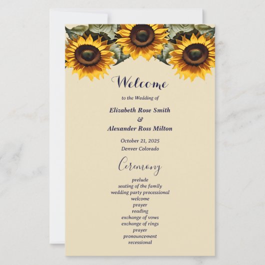 Pretty yellow sunflower elegant wedding program (Voorkant)