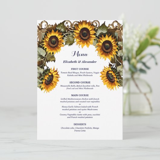 Pretty Yellow sunflower with art frame wedding Menu (Staand voorkant)
