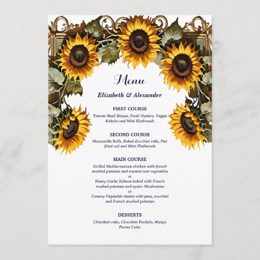 Pretty Yellow sunflower with art frame wedding Menu (Voorkant)