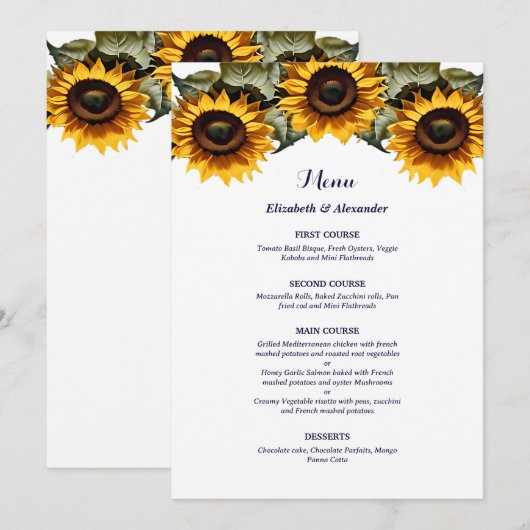 Pretty Yellow sunflowers wedding Menu (Voorkant / Achterkant)