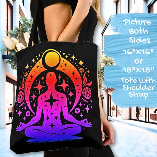 Pretty Yoga Meditation Design on a Black Tote Bag