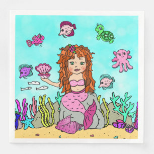 Pretty Zeemeermin met Rode haren Meisjes Verjaarda Servet