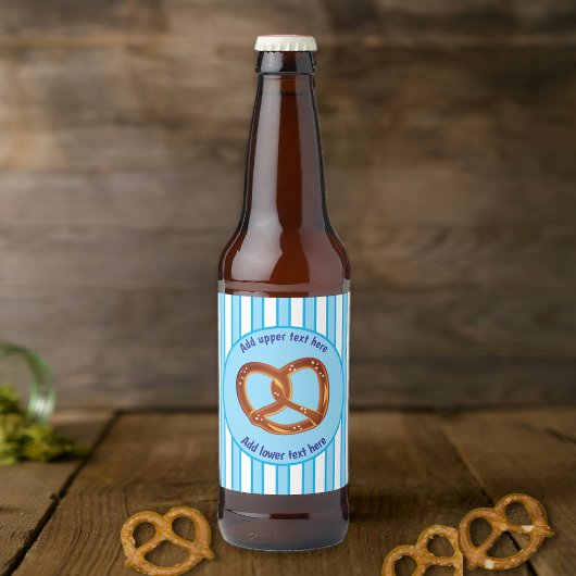 Pretzel op Beierse Blauwe / Witte Streep - uw teks Bier Etiket