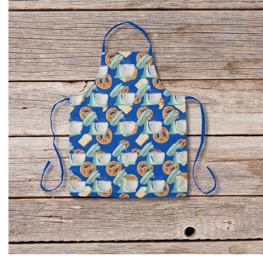 Pretzels, brood en mixers blauw schort