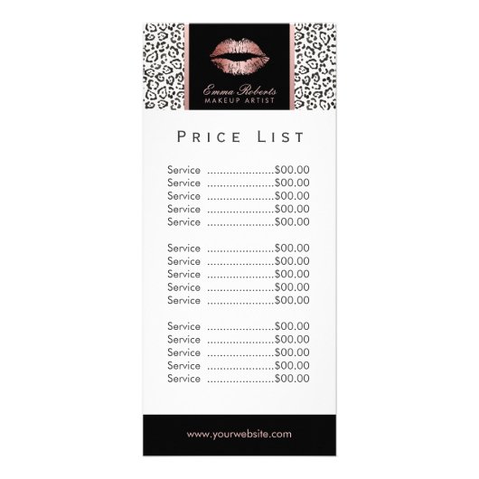 Price List | Makeup Artist Rose Gold Lips Leopard Reclamekaart (Voorkant)