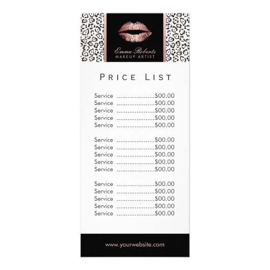 Price List | Makeup Artist Rose Gold Lips Leopard Reclamekaart (Achterkant)