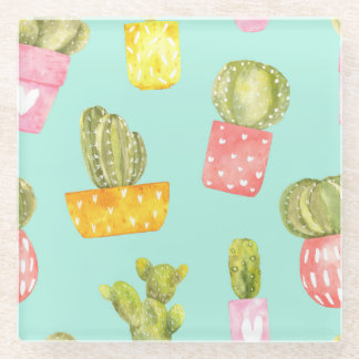 Prickly cactussen in potten, waterverf. glazen onderzetter