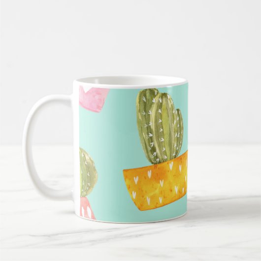 Prickly cactussen in potten, waterverf. koffiemok (Links)