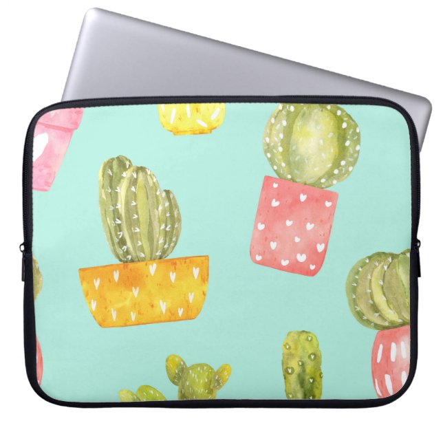 Prickly cactussen in potten, waterverf. laptop sleeve (Voorkant)