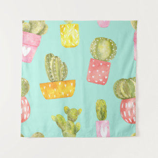 Prickly cactussen in potten, waterverf. wandkleed