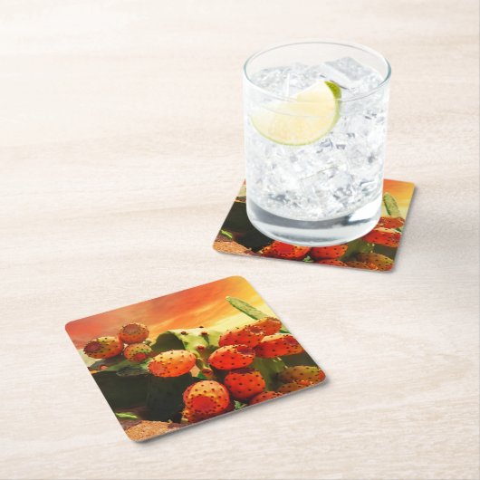 Prickly Pear Cactus Fruit en Rode Hemel Kartonnen Onderzetters (Insitu)