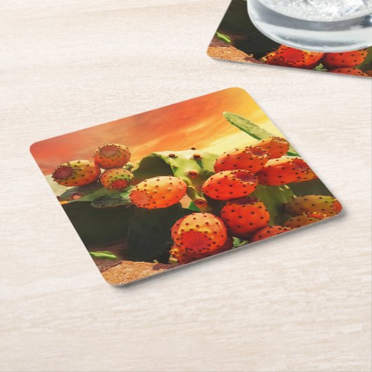 Prickly Pear Cactus Fruit en Rode Hemel Kartonnen Onderzetters (Schuin)