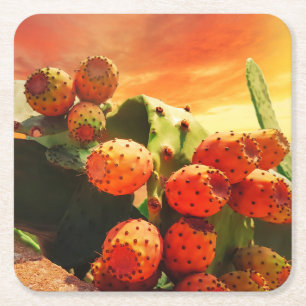 Prickly Pear Cactus Fruit en Rode Hemel Kartonnen Onderzetters