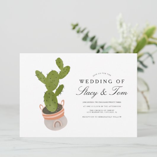 Prickly Pear Cactus Hand Drawn Wedding Kaart (Staand voorkant)