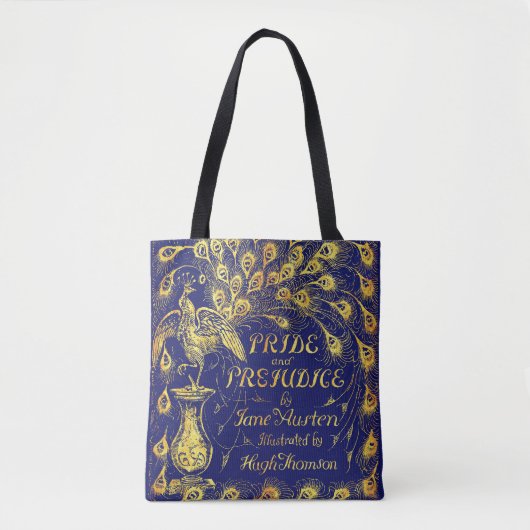 Pride and Prejudice Blue Gold Peacock Book Cover Tote Bag (Voorkant)