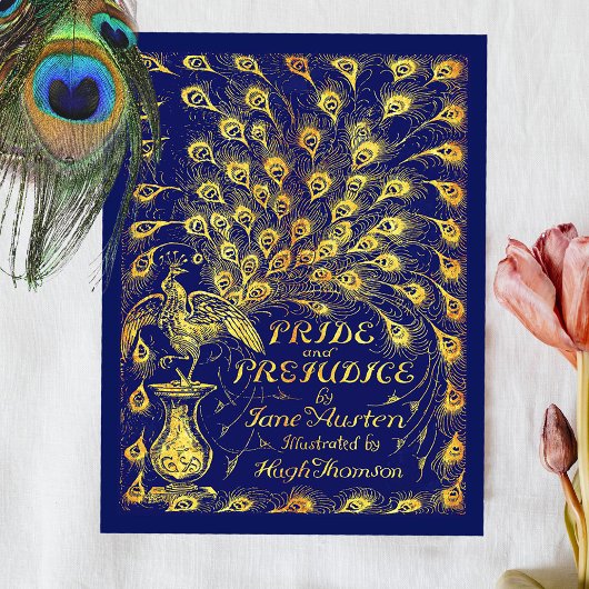 Pride and Prejudice Blue Gold Peacock Book Hoesje Briefkaart