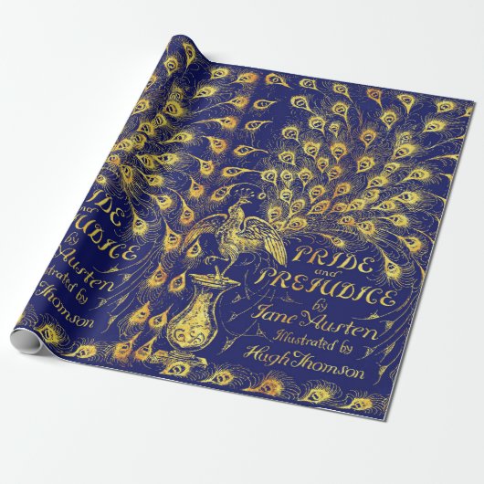 Pride and Prejudice Blue Gold Peacock Book Hoesje Cadeaupapier (Uitgerold)