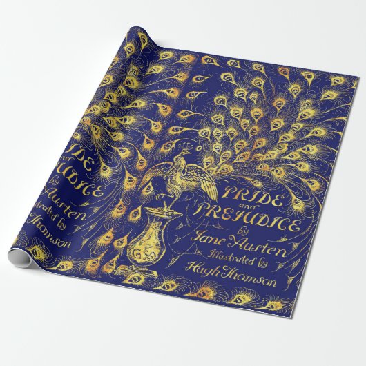 Pride and Prejudice Blue Gold Peacock Book Hoesje Cadeaupapier (Uitgerold)